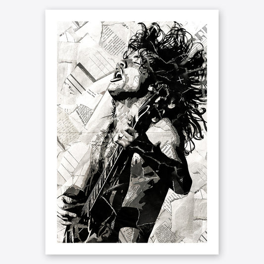 A digital collage portrait of Angus Young of AC/DC created using ripped up magazines and newspaper. An archival standard quality print from The Building House.