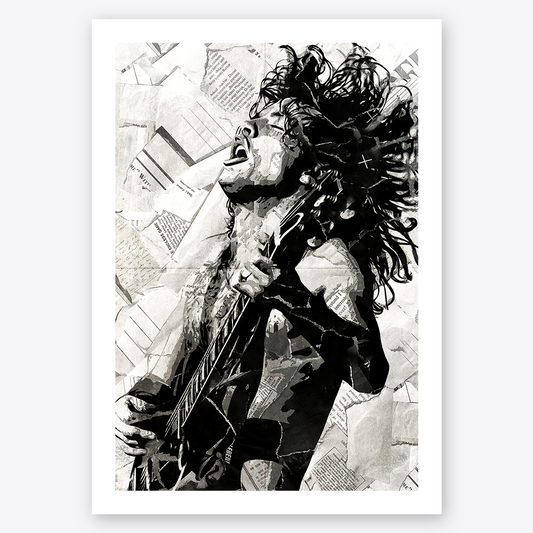 An Angus Young poster design - a portrait of Angus made using a collage of torn pieces of magazine pages in black and white.