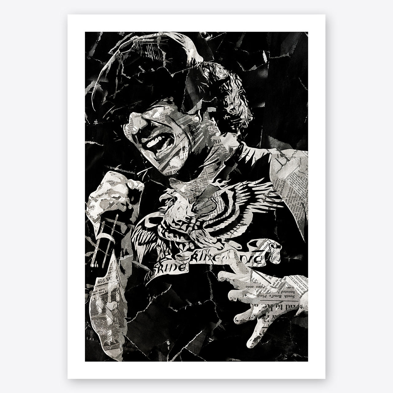 A digital collage portrait of Brian Johnson of AC/DC created using ripped up magazines and newspaper. An archival standard quality print from The Building House.