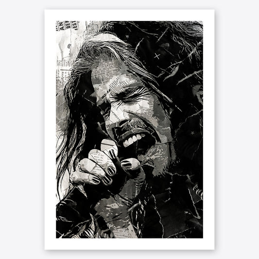 A digital collage portrait of Steven Tyler of Aerosmith created using ripped up magazines and newspaper. An archival standard quality print from The Building House.