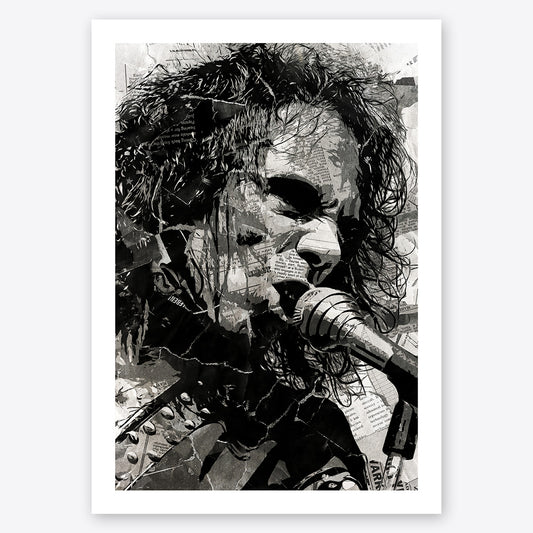 A digital collage portrait of Ronnie James Dio of Dio created using ripped up magazines and newspaper. An archival standard quality print from The Building House.