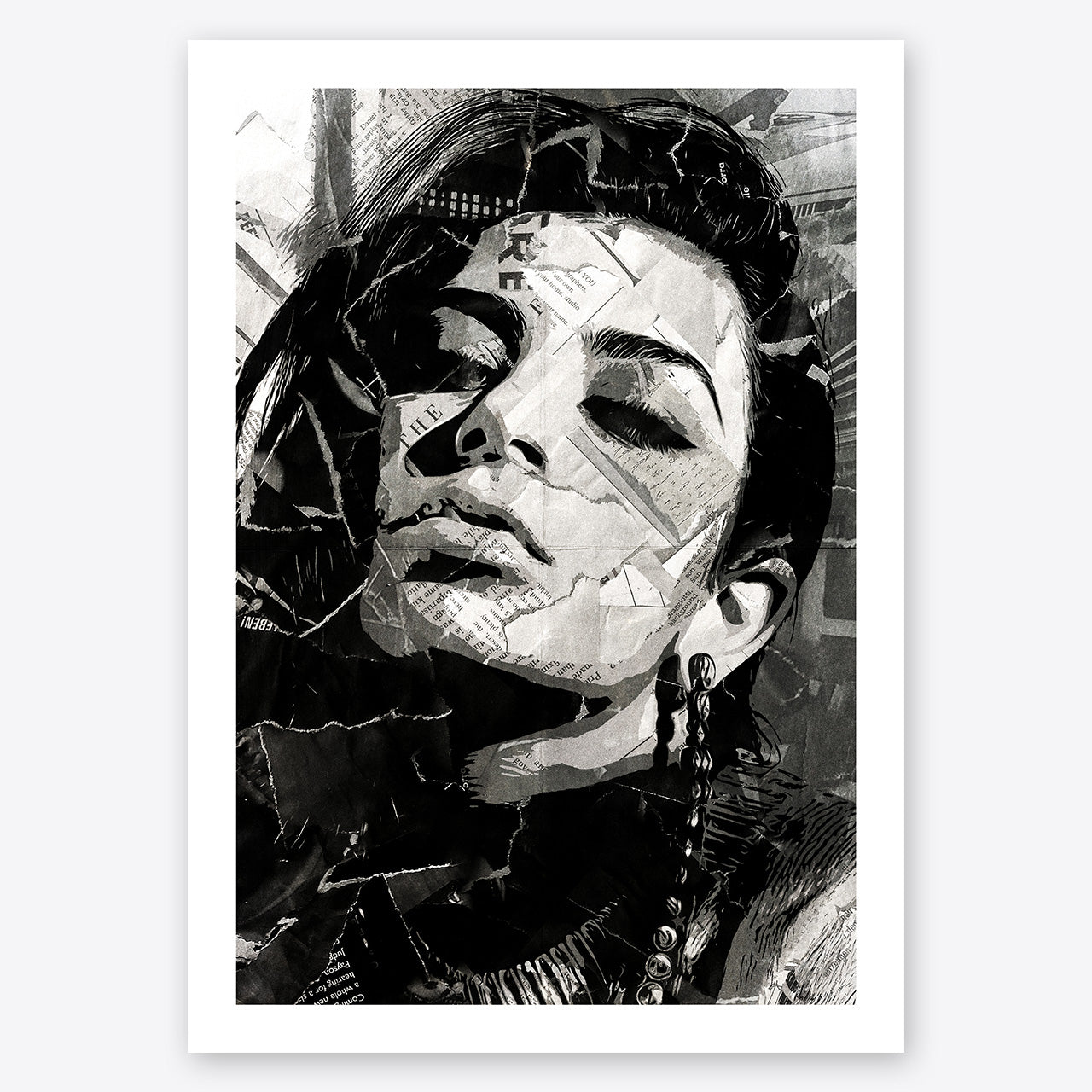 A digital collage portrait of Charllie XCX created using ripped up magazines and newspaper. An archival standard quality print from The Building House.