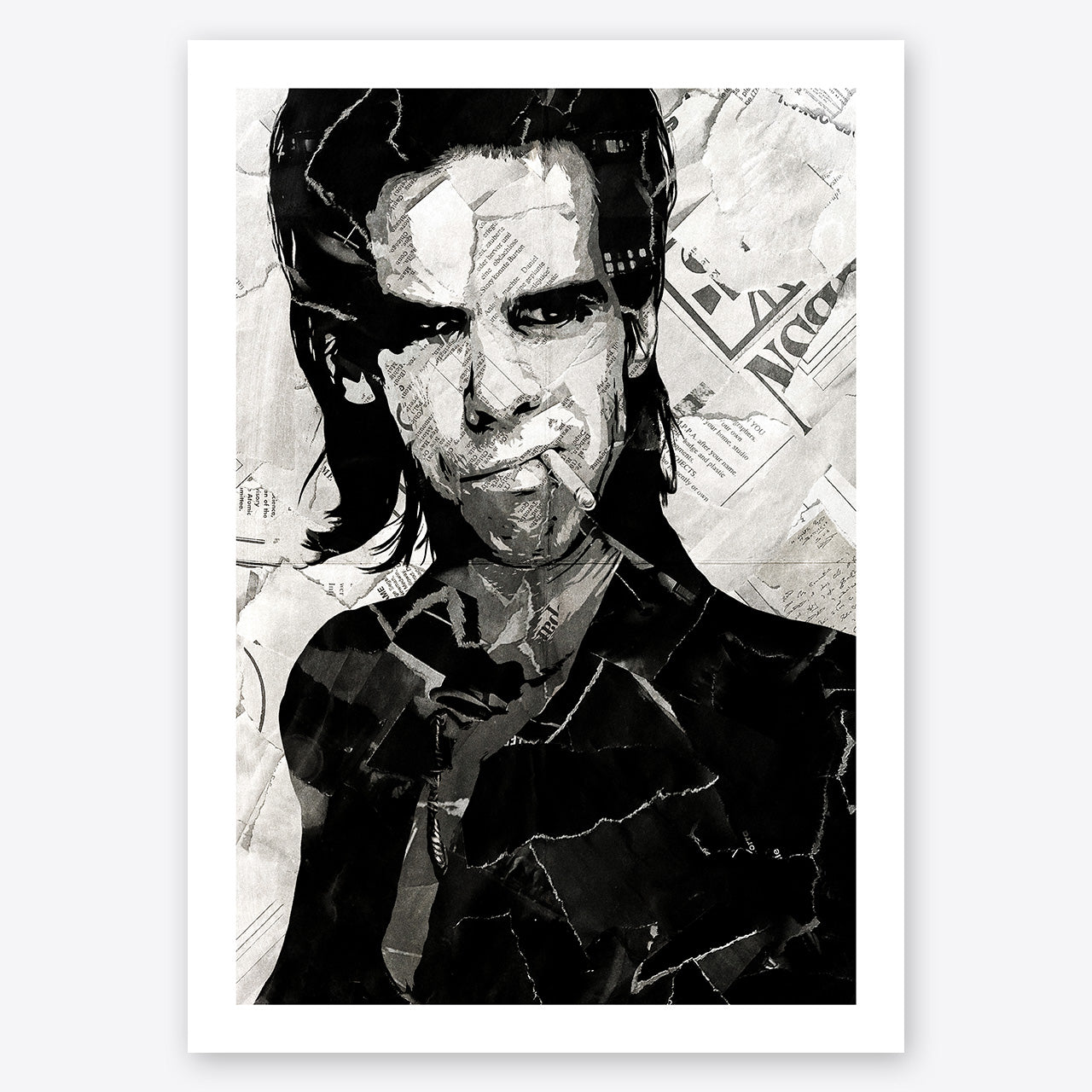 A digital collage portrait of Nick Cave created using ripped up magazines and newspaper. An archival standard quality print from The Building House.