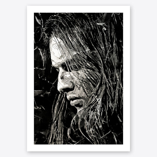 A digital collage portrait of David Gilmour of Pink Floyd created using ripped up magazines and newspaper. An archival standard quality print from The Building House.