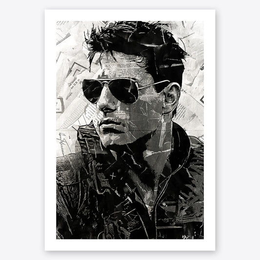 A digital collage portrait of Tom Cruise playing Maverick in the movie Top Gun created using ripped up magazines and newspaper. An archival standard quality print from The Building House.