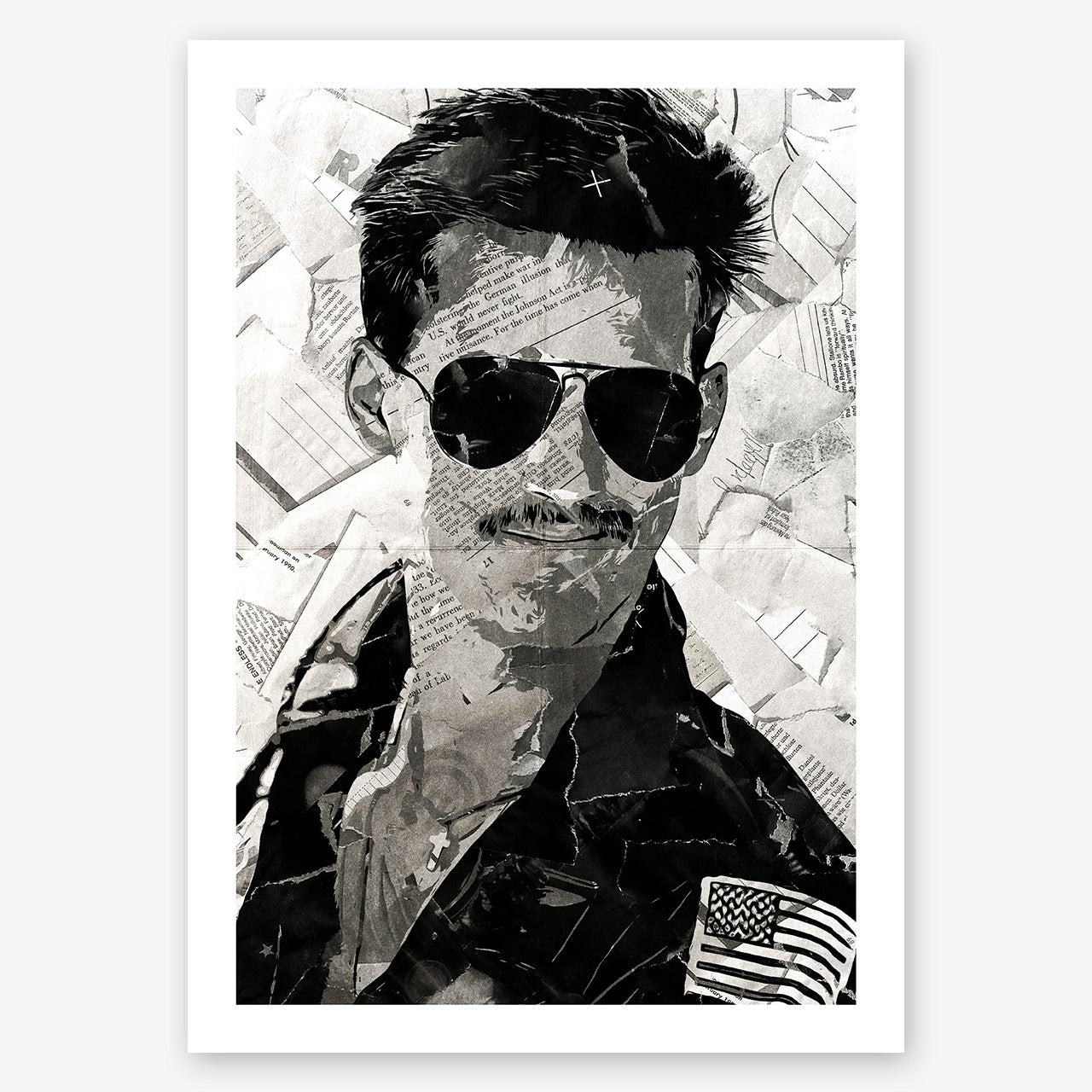 A digital collage portrait of Anthony Edwards playing Goose in the movie Top Gun created using ripped up magazines and newspaper. An archival standard quality print from The Building House.