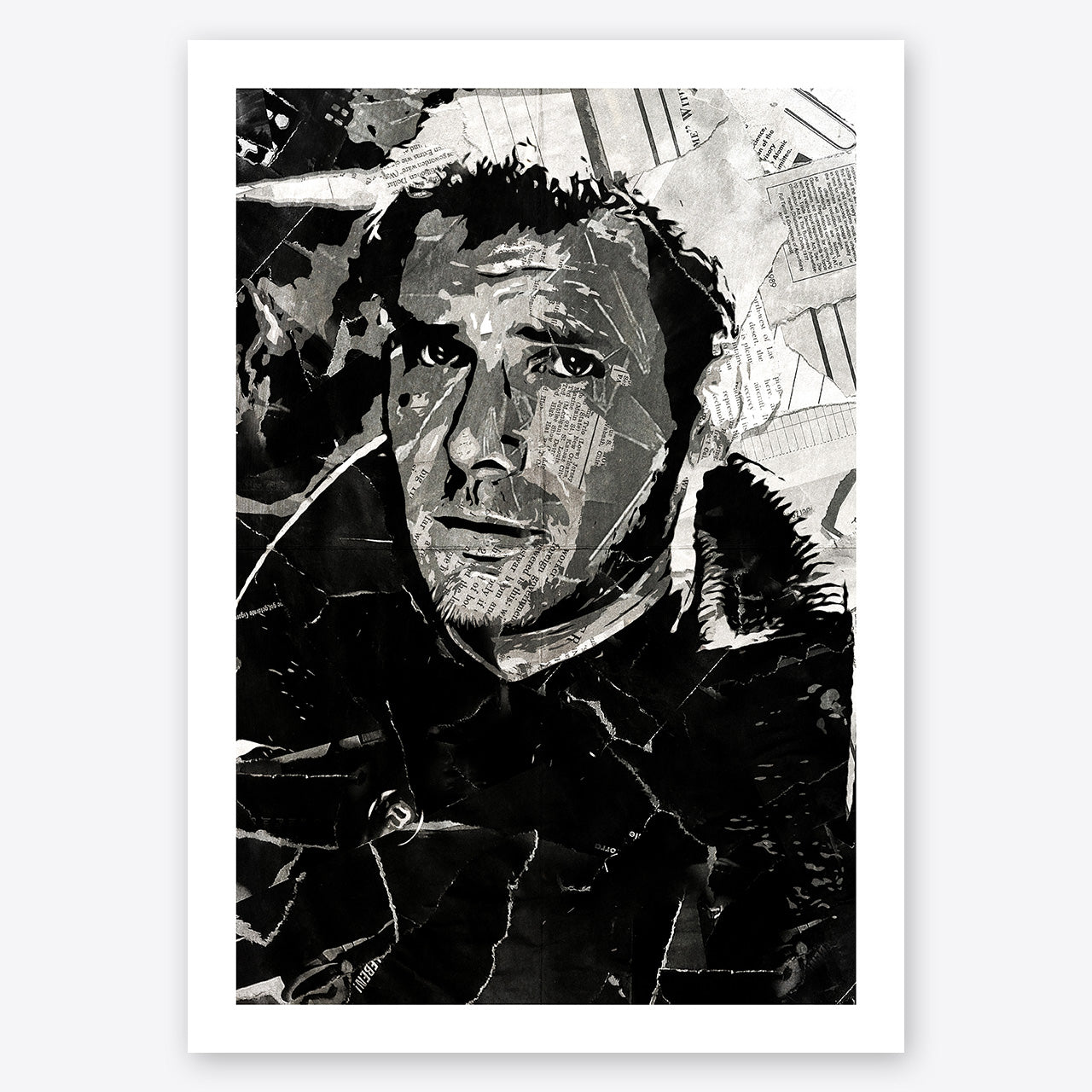 A digital collage portrait of Harrison Ford playing Rick Deckard in the movie Blade Runner created using ripped up magazines and newspaper. An archival standard quality print from The Building House.