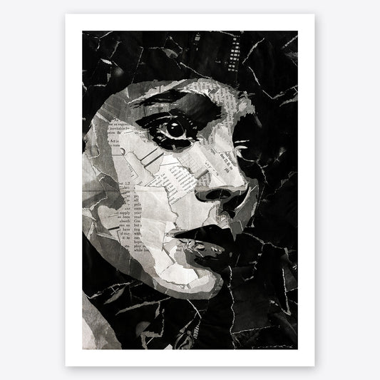 A digital collage portrait of Sean Young playing Rachael in the movie Blade Runner created using ripped up magazines and newspaper. An archival standard quality print from The Building House.