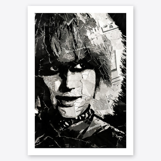 A digital collage portrait of Daryl Hannah playing Pris in the movie Blade Runner created using ripped up magazines and newspaper. An archival standard quality print from The Building House.