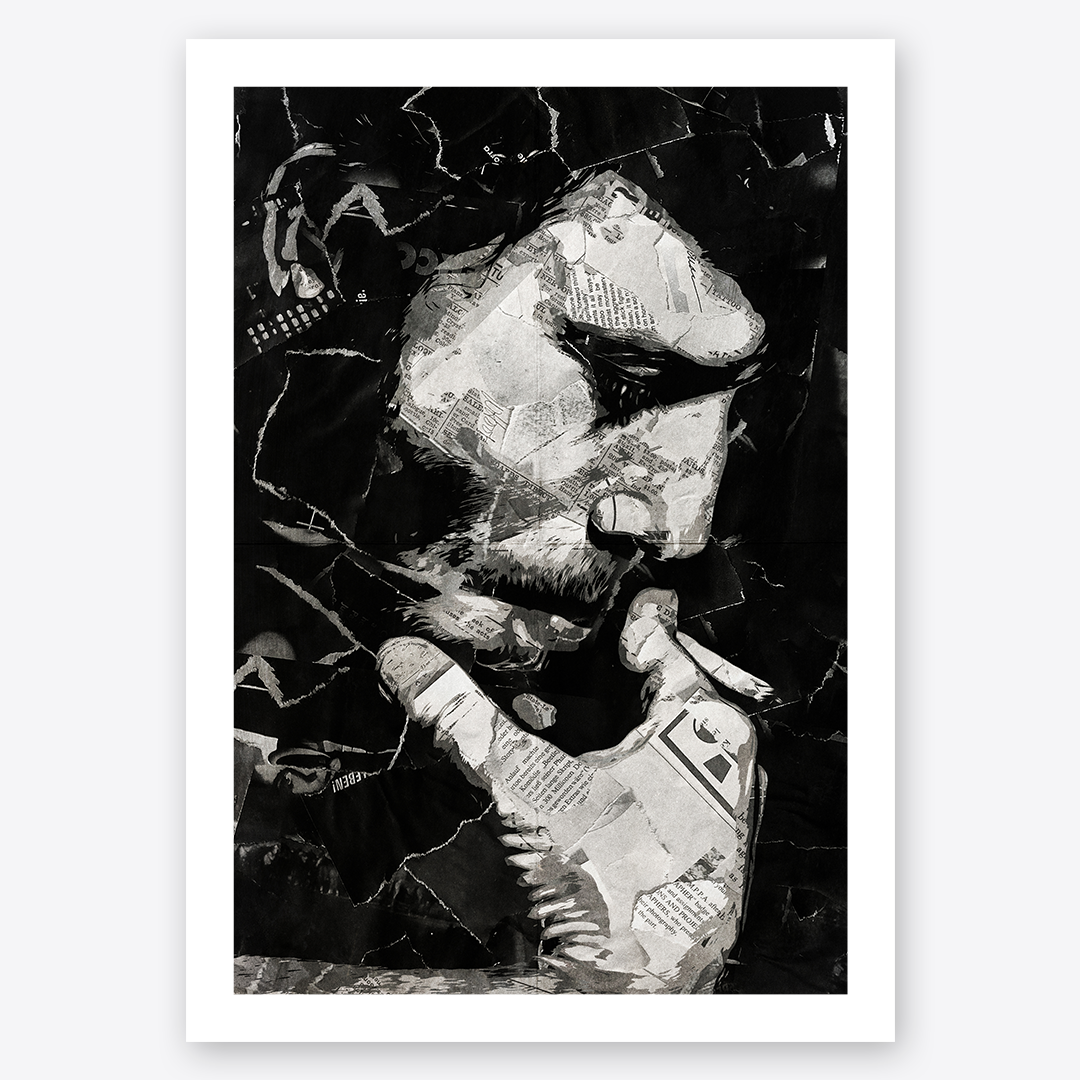 A Tom Waits poster design - a portrait of Tom made using a collage of torn pieces of magazine pages in black and white.