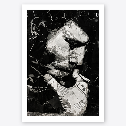 A Tom Waits poster design - a portrait of Tom made using a collage of torn pieces of magazine pages in black and white.