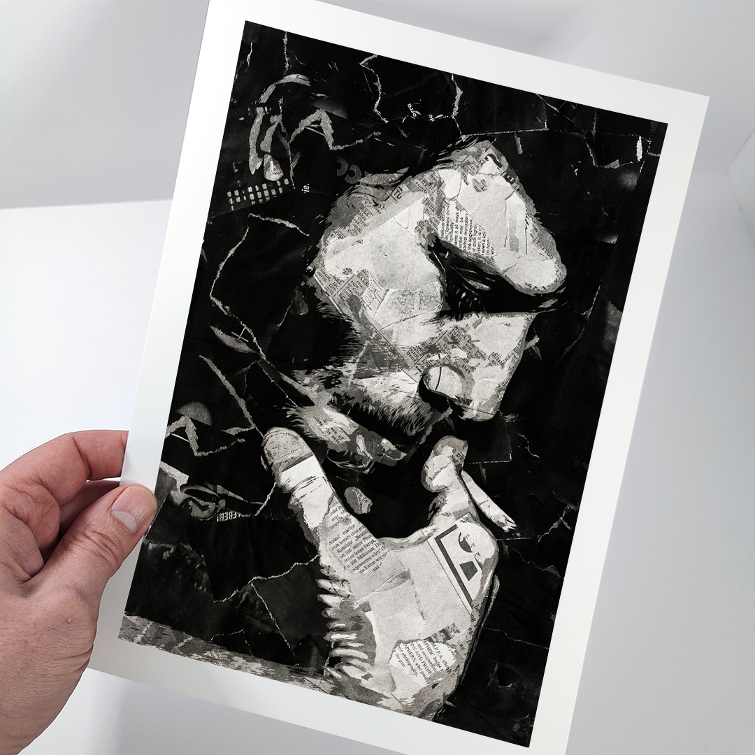 A Tom Waits poster design - a portrait of Tom made using a collage of torn pieces of magazine pages in black and white.