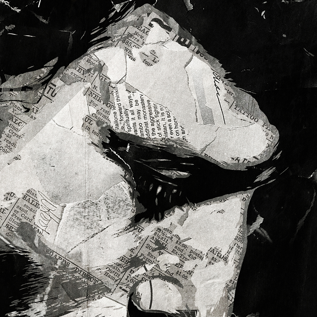 A Tom Waits poster design - a portrait of Tom made using a collage of torn pieces of magazine pages in black and white.