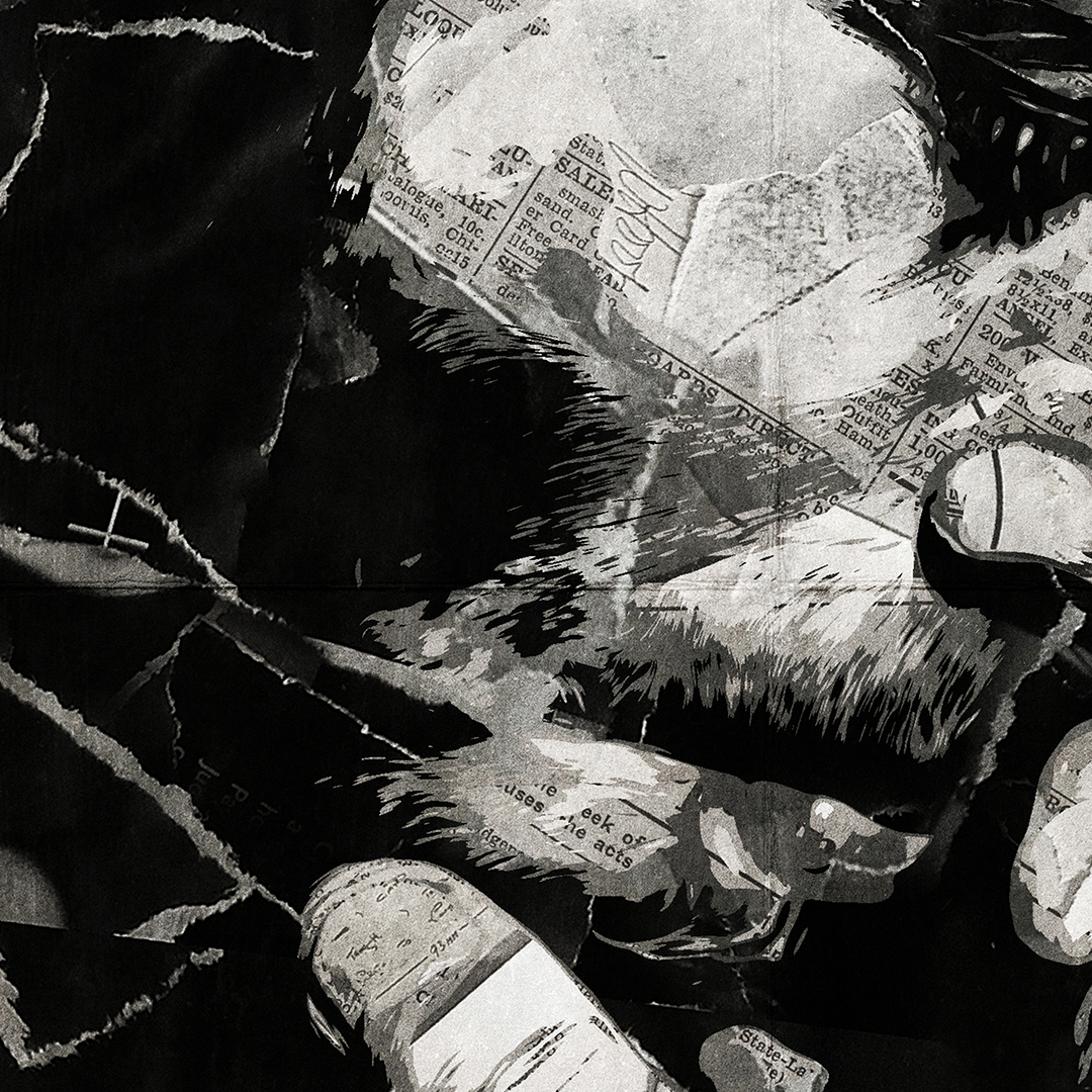 A Tom Waits poster design - a portrait of Tom made using a collage of torn pieces of magazine pages in black and white.