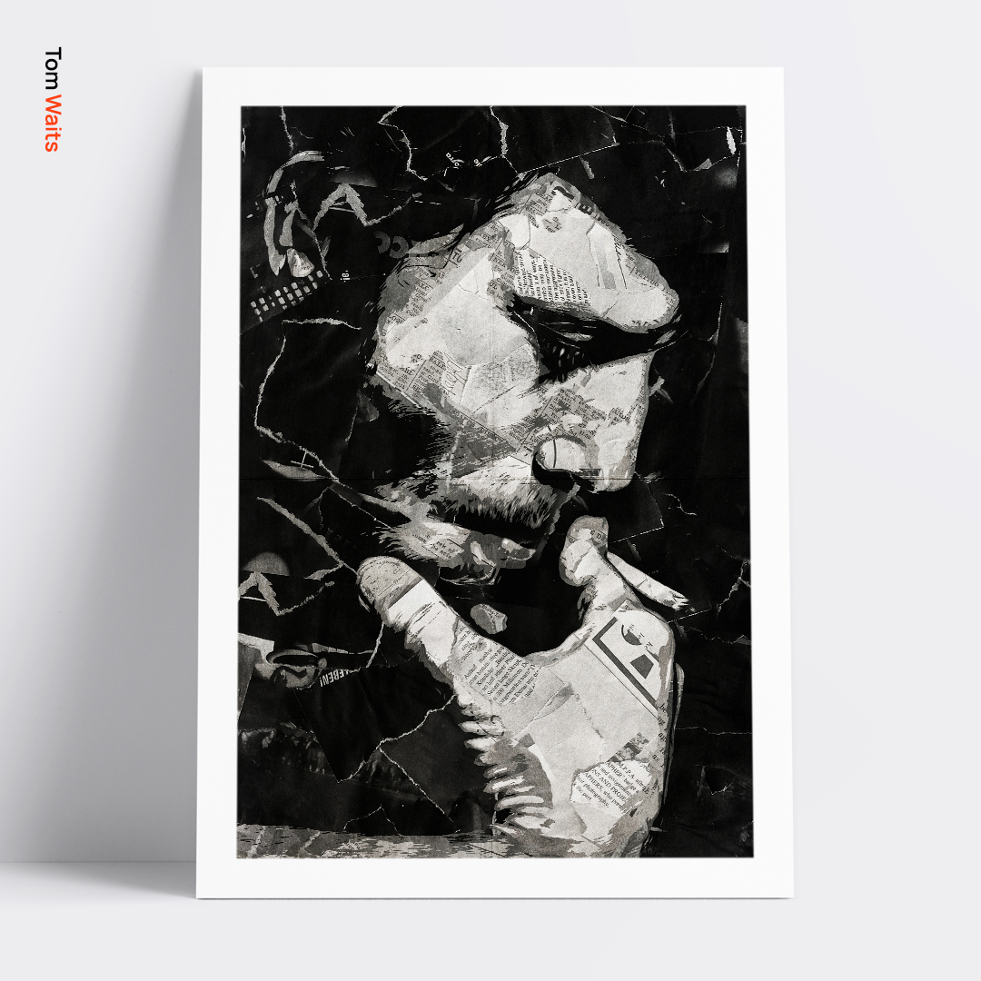 A Tom Waits poster design - a portrait of Tom made using a collage of torn pieces of magazine pages in black and white.