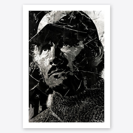 A digital collage portrait of Quint played by Robert Shaw in the movie Jaws created using ripped up magazines and newspaper. An archival standard quality print from The Building House.