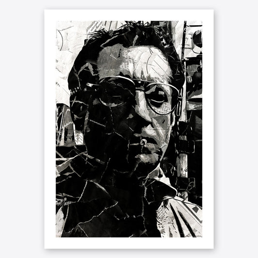 A digital collage portrait of Martin Brody played by Roy Scheider in the movie Jaws created using ripped up magazines and newspaper. An archival standard quality print from The Building House.