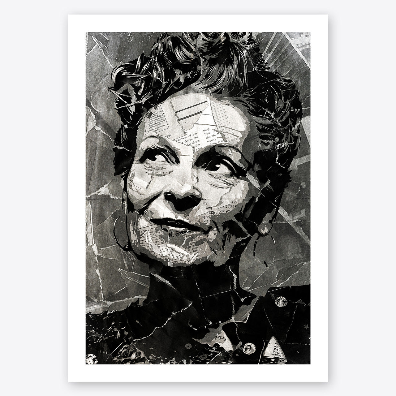 A digital collage portrait of Vivienne Westwood created using ripped up magazines and newspaper. An archival standard quality print from The Building House.