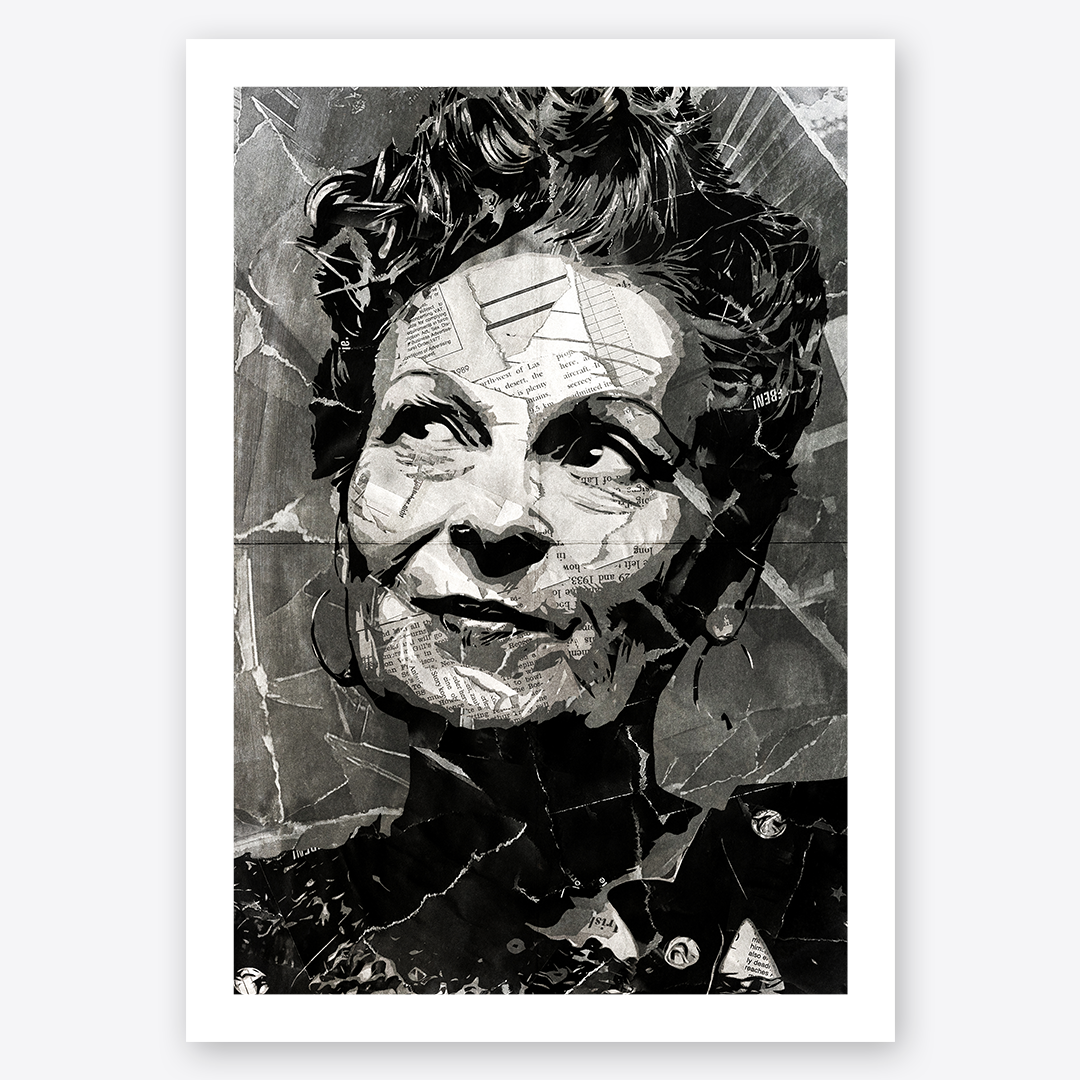 A Vivienne Westwood poster design - a portrait of Vivienne made using a collage of torn pieces of magazine pages in black and white.