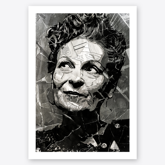 A Vivienne Westwood poster design - a portrait of Vivienne made using a collage of torn pieces of magazine pages in black and white.
