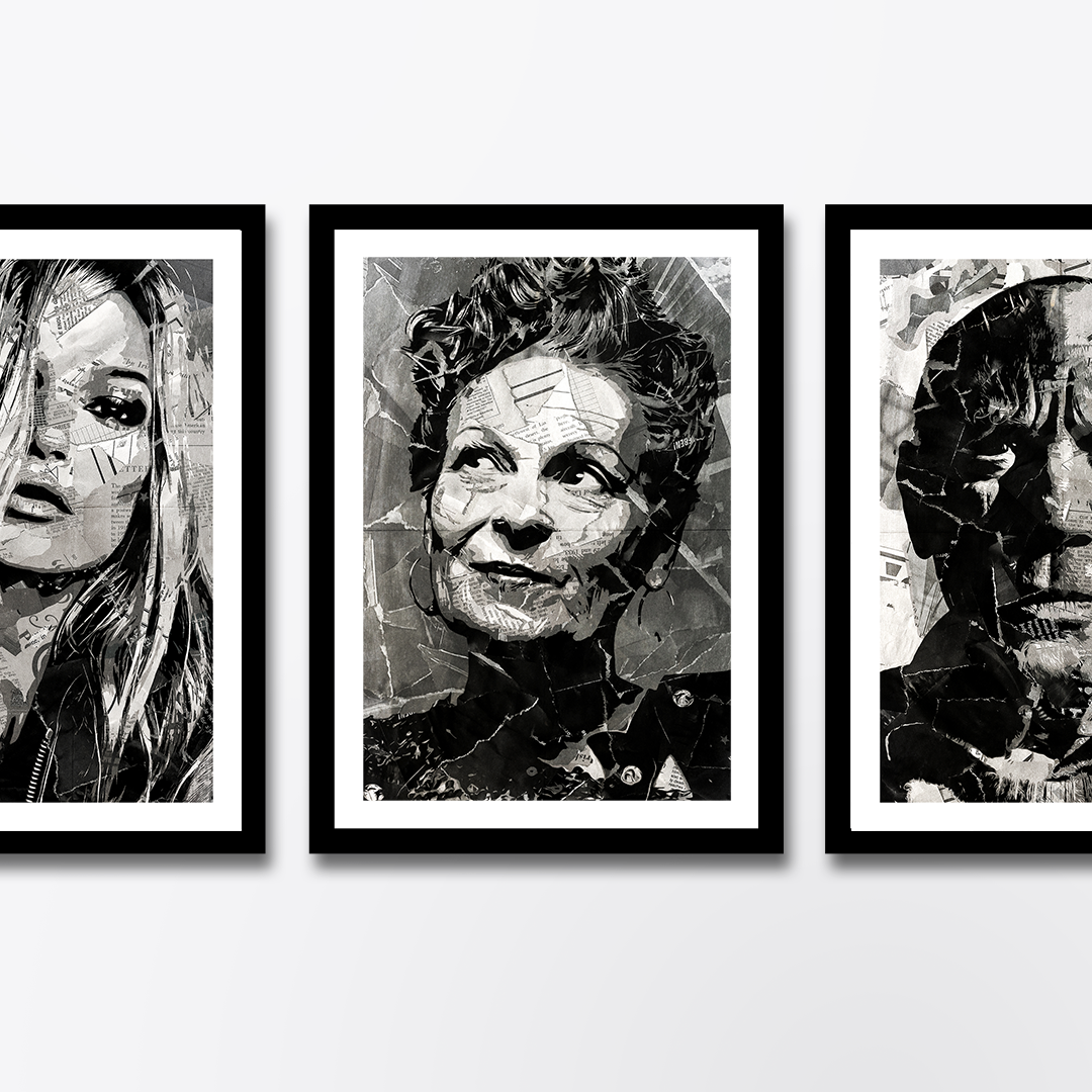 A Vivienne Westwood poster design - a portrait of Vivienne made using a collage of torn pieces of magazine pages in black and white.