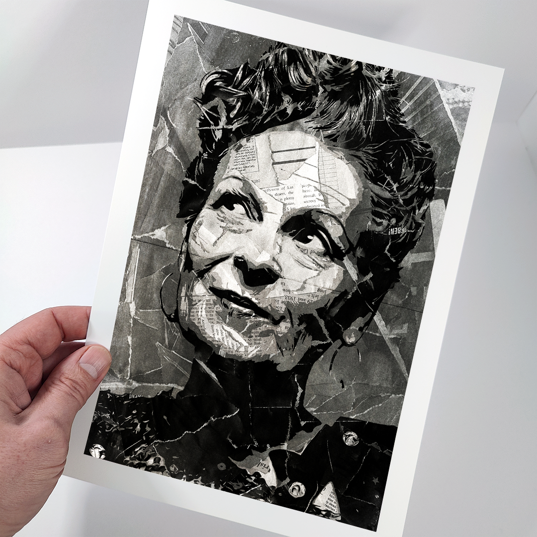 A Vivienne Westwood poster design - a portrait of Vivienne made using a collage of torn pieces of magazine pages in black and white.
