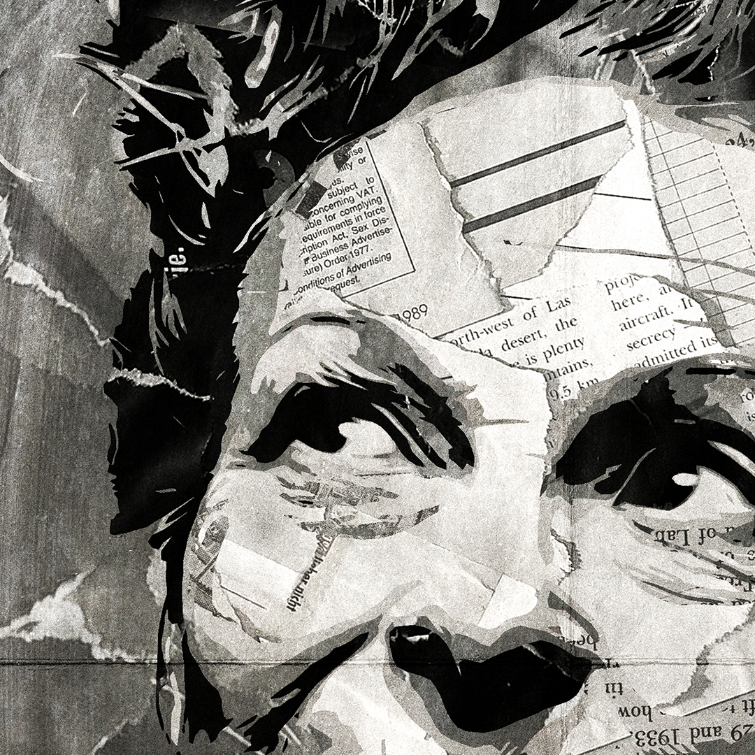 A Vivienne Westwood poster design - a portrait of Vivienne made using a collage of torn pieces of magazine pages in black and white.