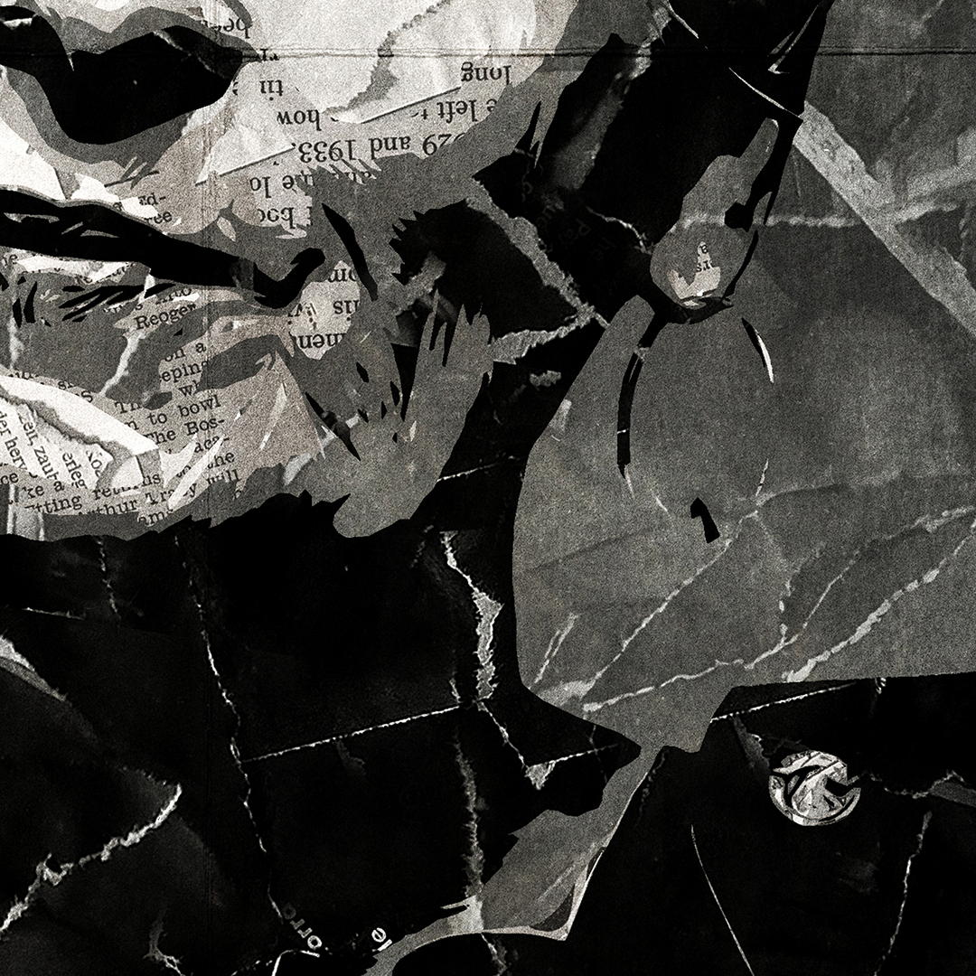 A Vivienne Westwood poster design - a portrait of Vivienne made using a collage of torn pieces of magazine pages in black and white.
