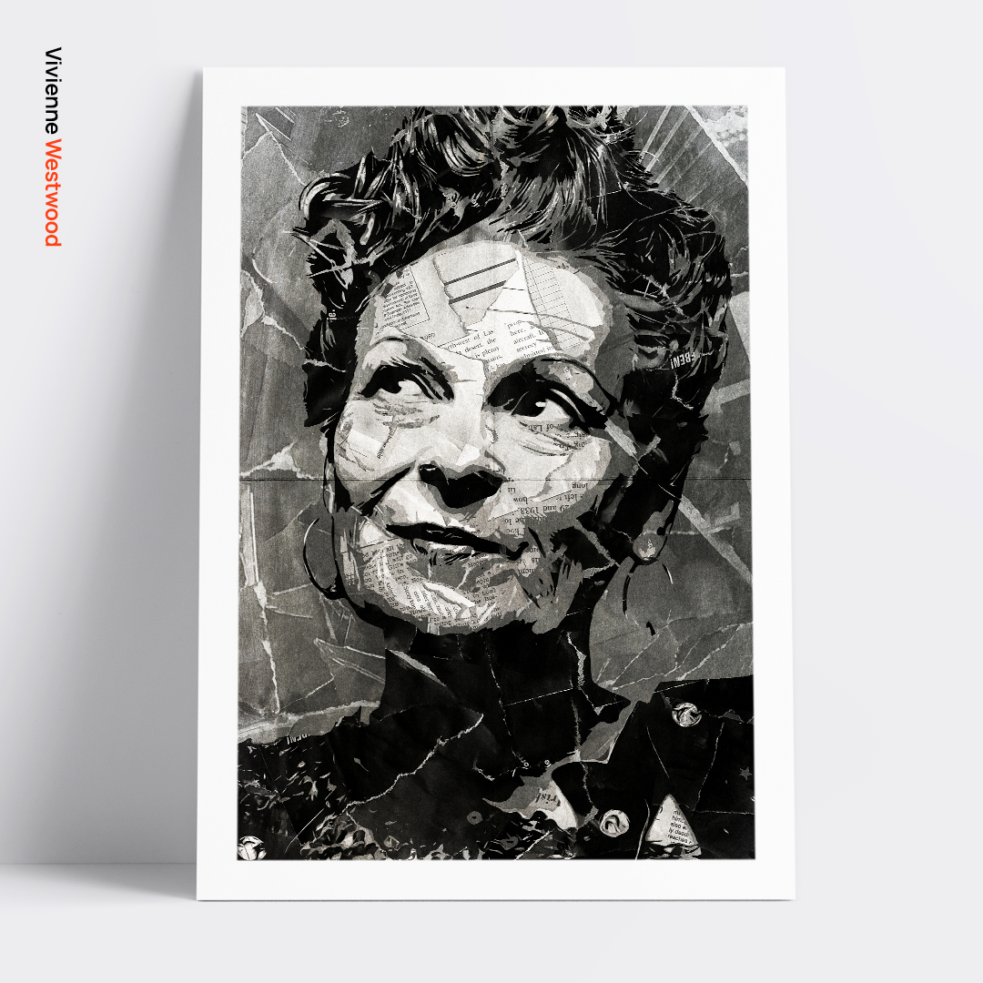 A Vivienne Westwood poster design - a portrait of Vivienne made using a collage of torn pieces of magazine pages in black and white.