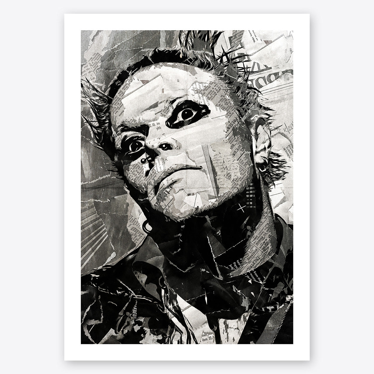 A digital collage portrait of Keith Flint of the Prodigy created using ripped up magazines and newspaper. An archival standard quality print from The Building House.