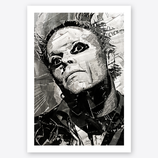 A Keith Flint poster design - a portrait of Keith Flint made using a collage of torn pieces of magazine pages in black and white.