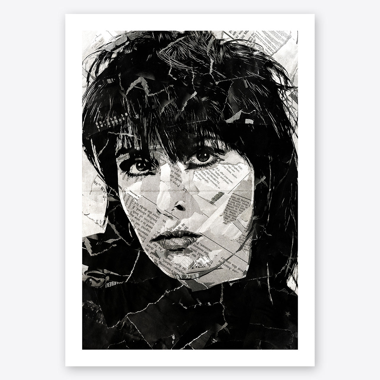 A digital collage portrait of Chrissie Hynde of the Pretenders created using ripped up magazines and newspaper. An archival standard quality print from The Building House.