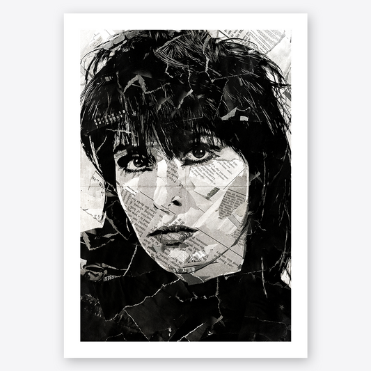 A Chrissie Hynde poster design - a portrait of Chrissie made using a collage of torn pieces of magazine pages in black and white.
