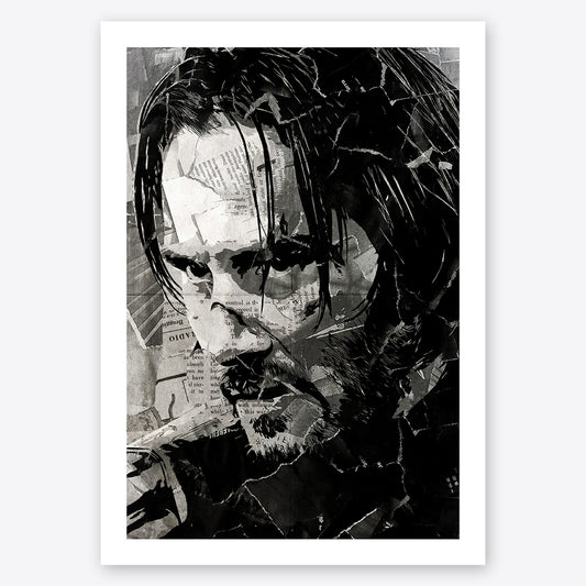 A digital collage portrait of Keanu Reeves as John Wick created using ripped up magazines and newspaper. An archival standard quality print from The Building House.