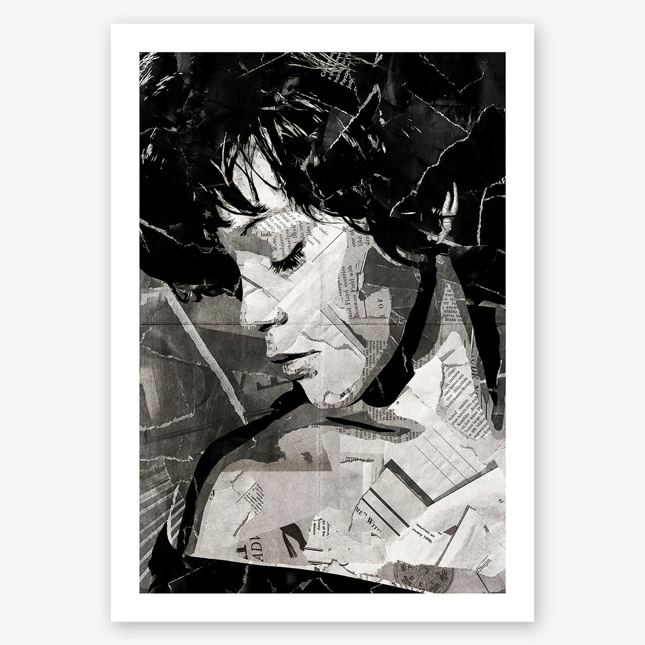 A digital collage portrait of Whitney Houston created using ripped up magazines and newspaper. An archival standard quality print from The Building House.