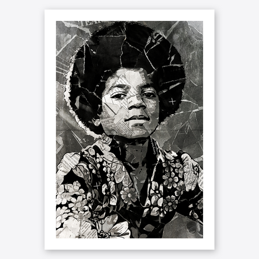 A Michael Jackson poster design - a portrait of Michael Jackson created using a collage of torn pieces of magazine pages in black and white.