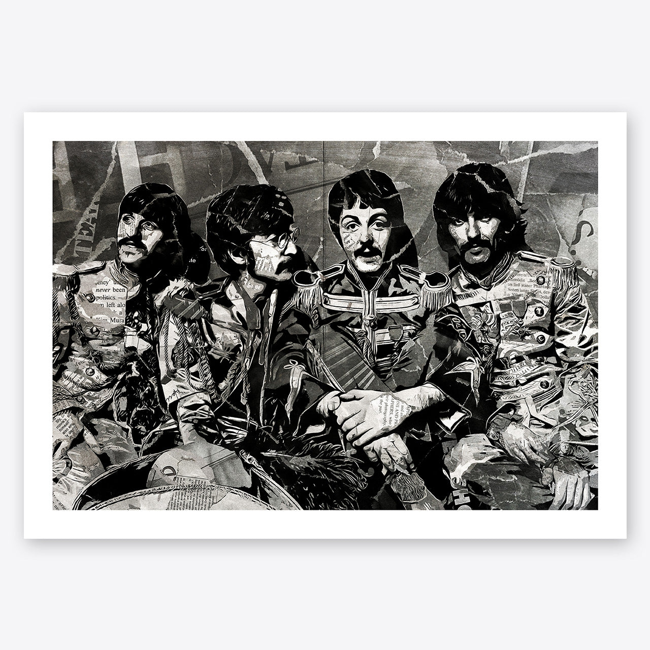 A digital collage portrait of the Beatles, Sgt Pepper era, created using ripped up magazines and newspaper. An archival standard quality print from The Building House.