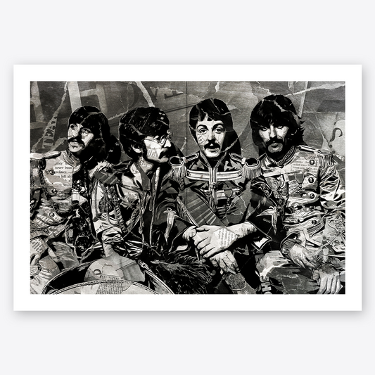 A Beatles poster design - a portrait of The Beatles in full Sgt Pepper's costume created using a collage of torn pieces of magazine pages in black and white.