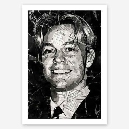 A digital collage portrait of Jason Donovan created using ripped up magazines and newspaper. An archival standard quality print from The Building House.