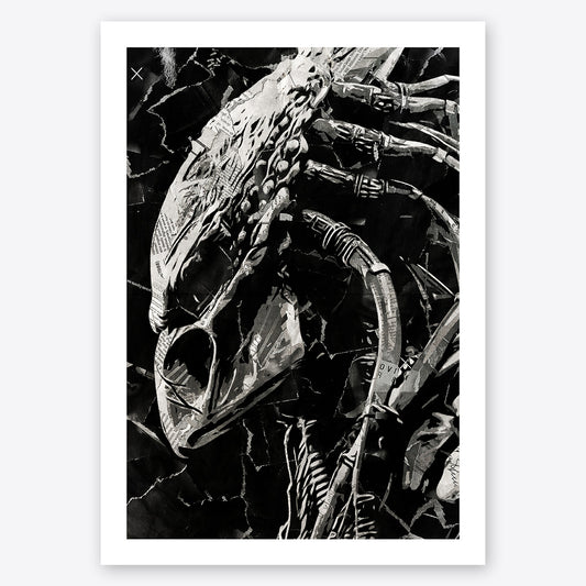 A digital collage portrait of the Predator created using ripped up magazines and newspaper. An archival standard quality print from The Building House.