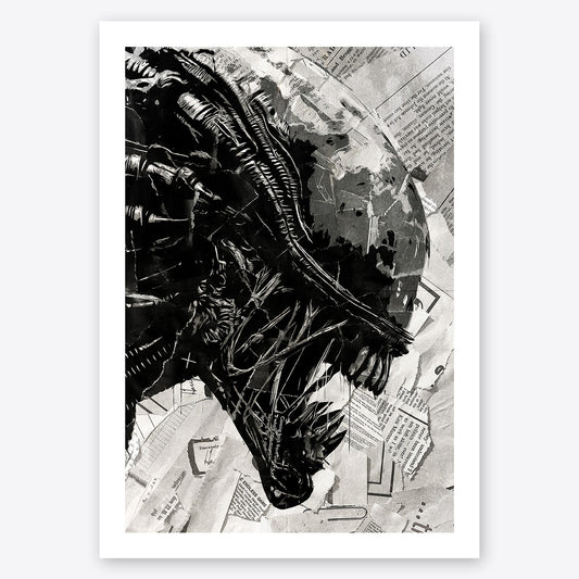 A digital collage portrait of Alien created using ripped up magazines and newspaper. An archival standard quality print from The Building House.