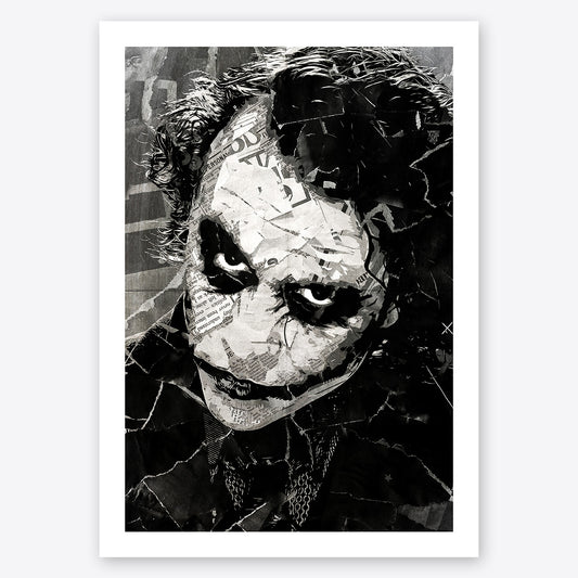 A digital collage portrait of Heath Ledger playing the Joker in the movie The Dark Knight created using ripped up magazines and newspaper. An archival standard quality print from The Building House.