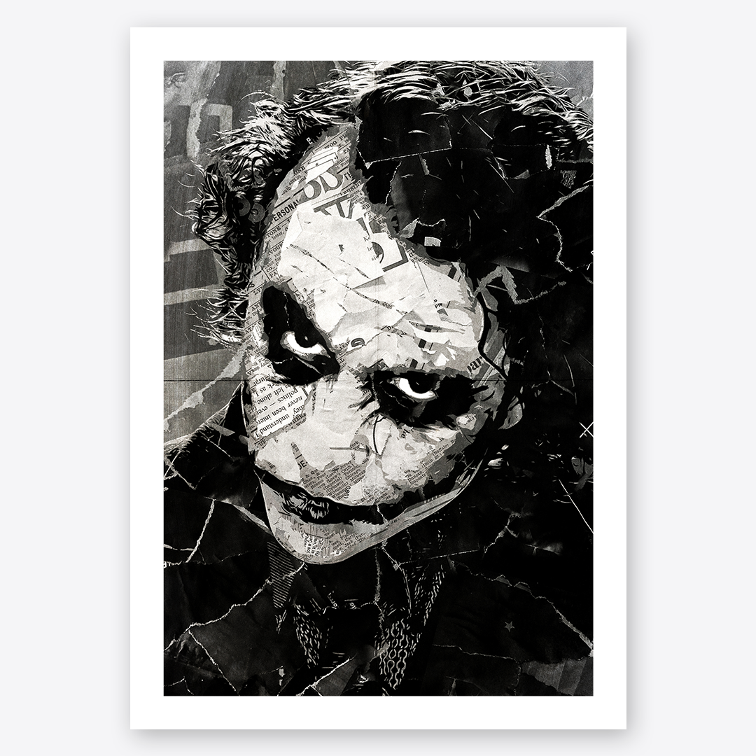 A Joker / Heath Ledger poster design - a portrait of Heath made using a collage of torn pieces of magazine pages in black and white.