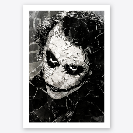 A Joker / Heath Ledger poster design - a portrait of Heath made using a collage of torn pieces of magazine pages in black and white.