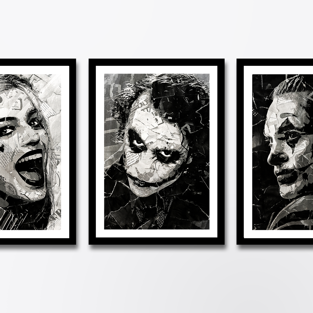 A Joker / Heath Ledger poster design - a portrait of Heath made using a collage of torn pieces of magazine pages in black and white.
