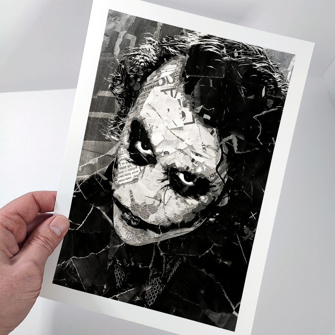 A Joker / Heath Ledger poster design - a portrait of Heath made using a collage of torn pieces of magazine pages in black and white.