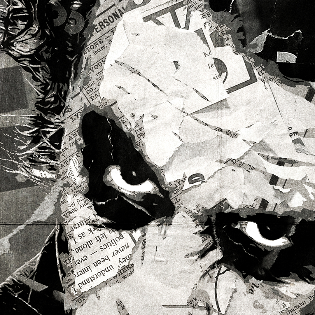 A Joker / Heath Ledger poster design - a portrait of Heath made using a collage of torn pieces of magazine pages in black and white.