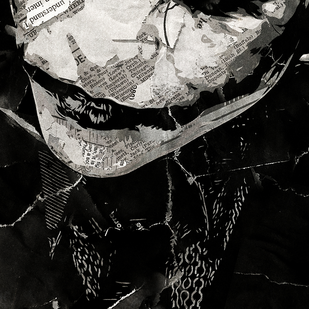 A Joker / Heath Ledger poster design - a portrait of Heath made using a collage of torn pieces of magazine pages in black and white.