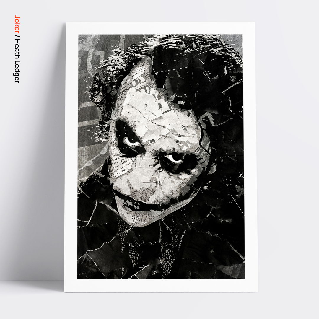 A Joker / Heath Ledger poster design - a portrait of Heath made using a collage of torn pieces of magazine pages in black and white.