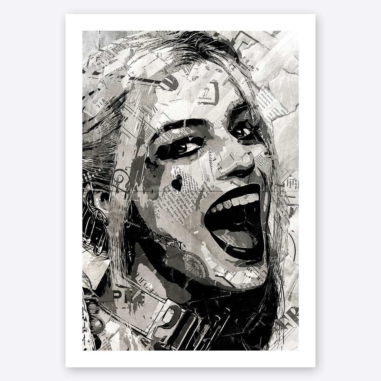 A digital collage portrait of Morgot Robbie playing Harley Quinn created using ripped up magazines and newspaper. An archival standard quality print from The Building House.